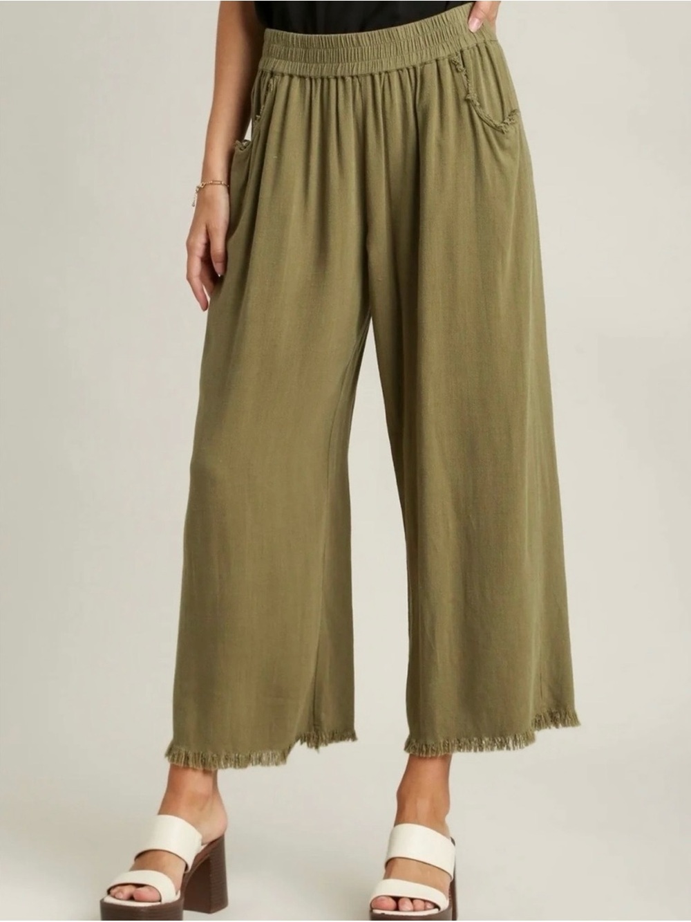 Umgee Olive Wide-Leg Fringe Hem Pants